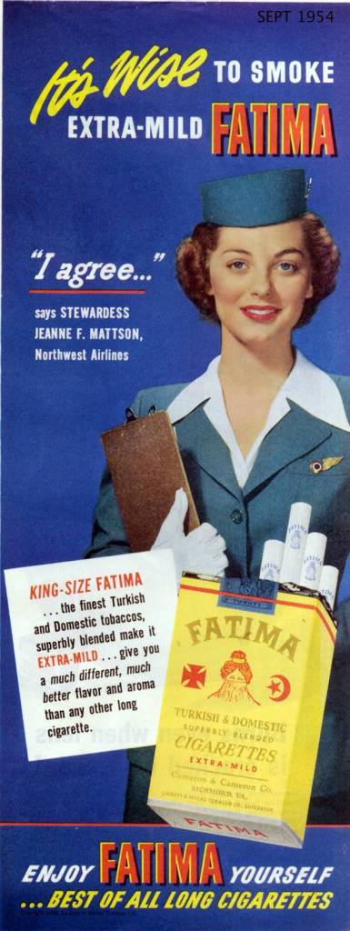 Its-wise-to-smoke-extra-mild-FATIMA-September-1954-stewardess vintage ad-thechicflaneuse