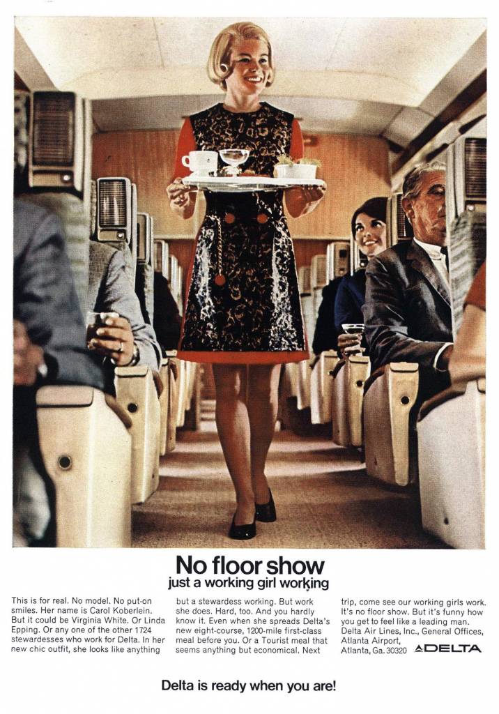 Just-a-working-girl-working.-1969-ad-for-Delta-Airlines-stewardess vintage ad - thechicflaneuse