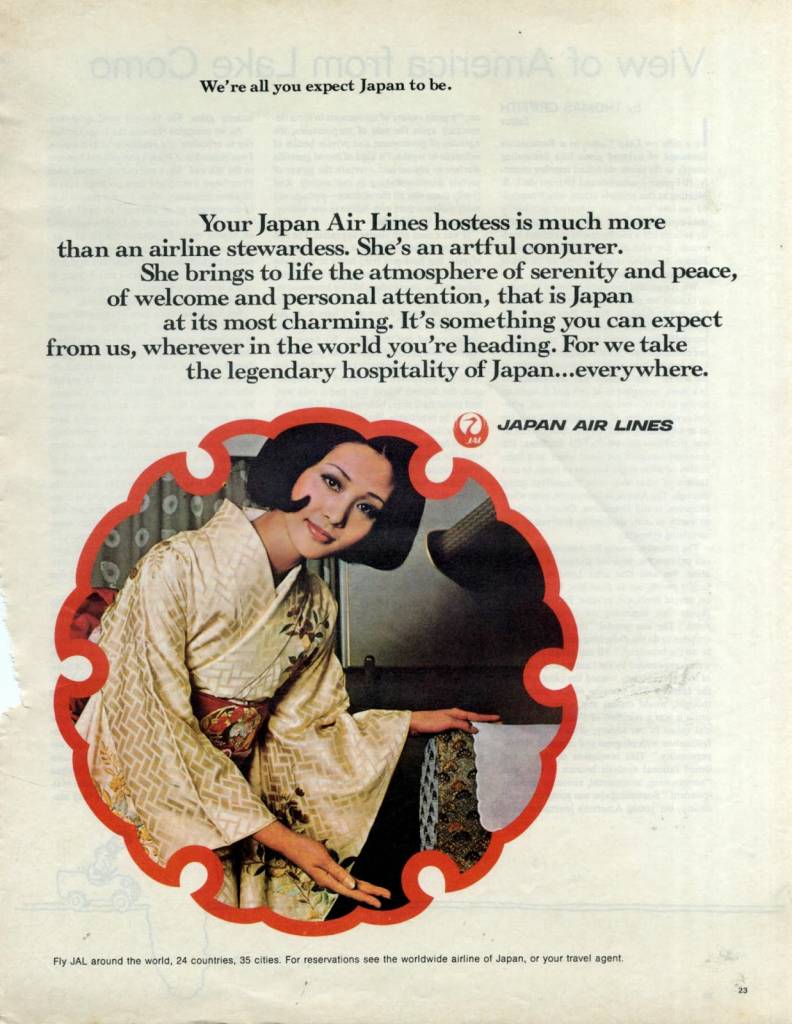 Shes-an-artful-conjuror-Japan-Air-Lines-1970-vintage ad stewardess-thechicflaneuse