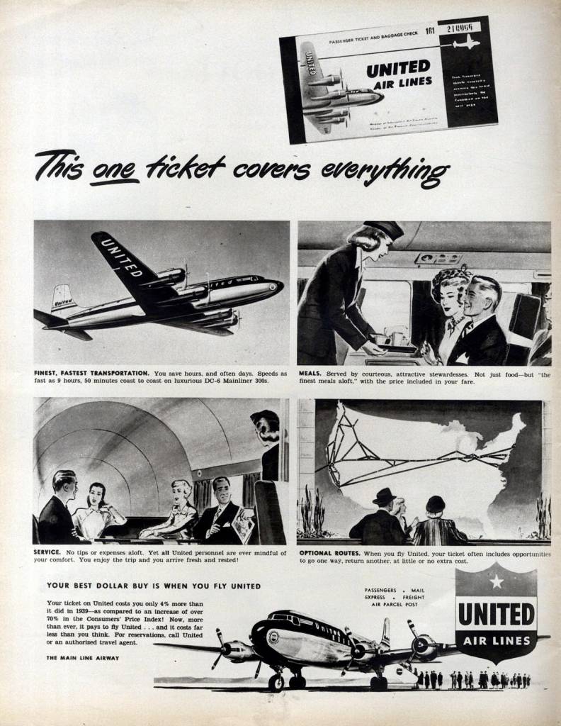 This-One-Ticket-covers-Everything-United-Airlines-April-1949-vintage ad-thechicflaneuse