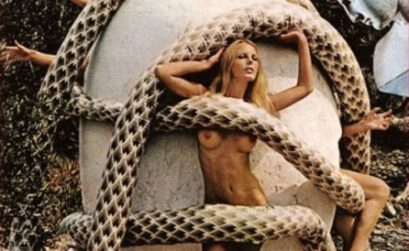 playboy bunnies tethered with a giant snake on an egg in salvador dali photoshoot for playboy in 1973 thechicflaneuse
