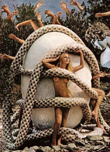 playboy bunnies tethered with a giant snake on an egg in salvador dali photoshoot for playboy in 1973 thechicflaneuse