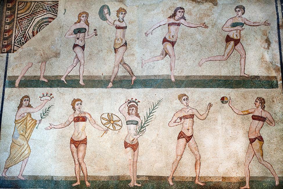 bikini girls in the mosaics of roman Villa Del Casale in Piazza Armerina in Sicily - thechicflaneuse