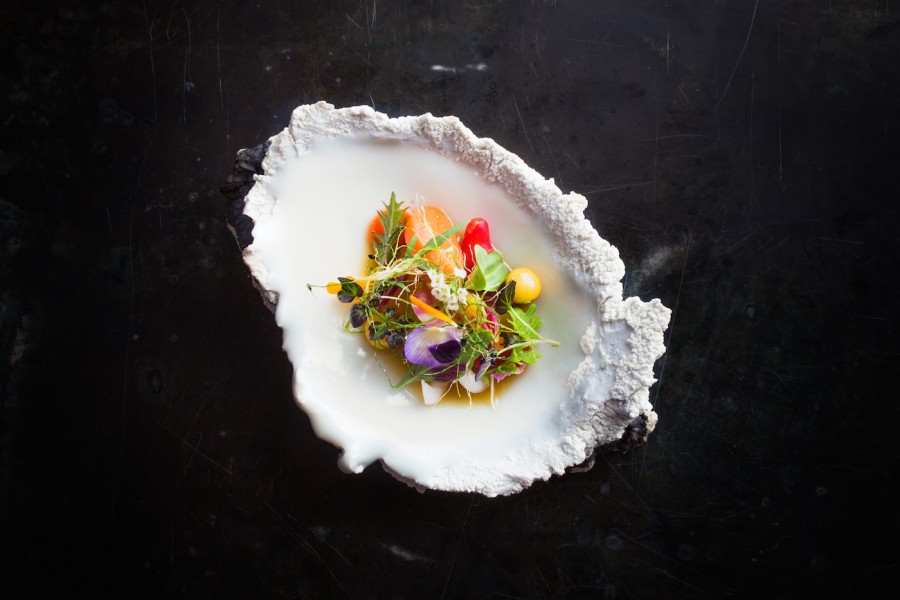 Ceviche of Fruits and Vegetables with Flowers from chef David Kinch (Manresa) served on a landscape plate by Erica Iman.