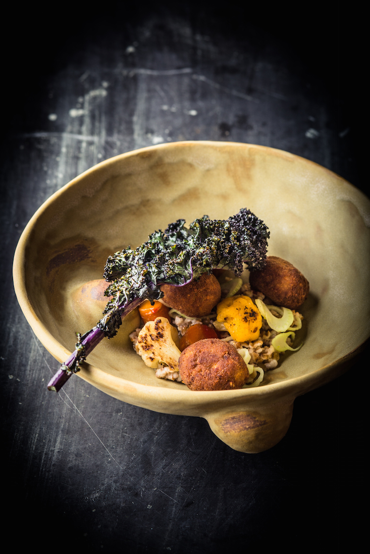 Croquette, Bulgar, Purple Kale from chef Daniel Patterson (Coi) served in a knob bowl by Virginia Scotchie.