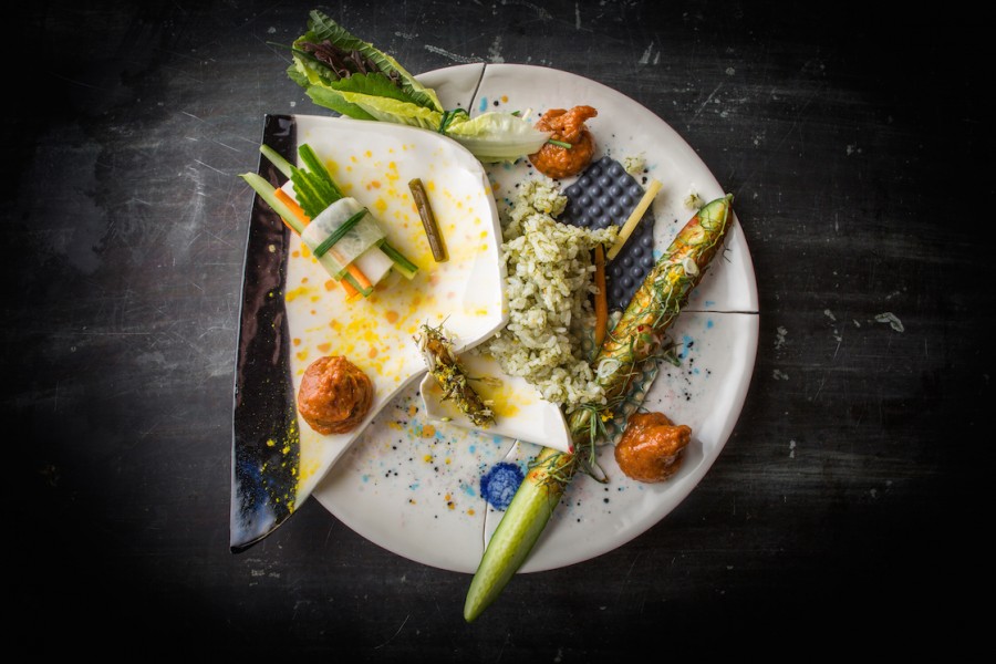 Rice with assorted condiments from chef Corey Lee (Benu) served on a reassembled broken ceramics plate by Felt+Fat.