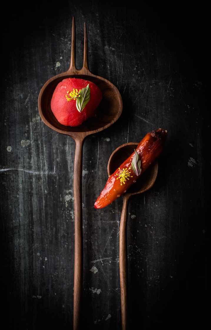 “Petit Farcis” Pepper and Tomato from chef David Kinch (Manresa) served on a sculptured walnut spoon by Julian Watts.